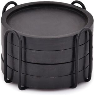 NIRMAN Wooden Coasters for Drinks Coffee Table, Round Drink Coasters with Holder for Tabletop Protection, Set of 4 (4″ x 4″ x 0.5″) (Black)