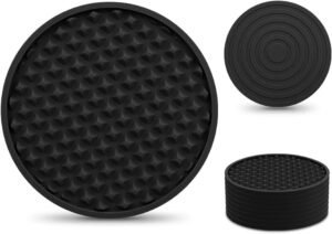 EAGMAK Coasters for Drinks Set of 8, Silicone Drink Coasters with Grooved Pattern, Non-Slip Base, Washable and Heat Resistant Coffee Coasters for Wooden Table, Desk, Kitchen, Office, Bar-Black