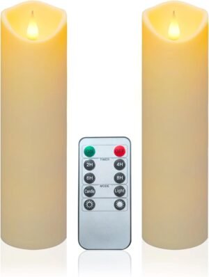 Aignis Flameless LED Candles Battery Operated with 10-Key Remote and Timer, Indoor Heat Resistant for Home/Wedding/Holiday Décor, Set of 2(D 2.2″ x H 6″)