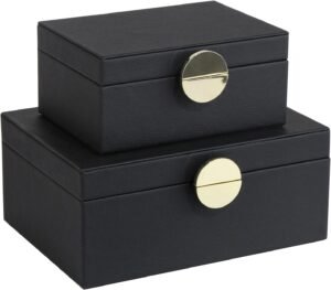 HofferRuffer Faux Leather Jewelry Boxes, Decorative Boxes Storage Accessory Organizer with Gold Hardware Decor, Classic Vegan Leather Set of 2 Pieces (Black)
