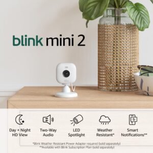 Blink Mini 2 (newest model), Plug-in smart security camera, HD night view in color, built-in spotlight, two-way audio, motion detection, Works with Alexa — 2 Cameras (White)