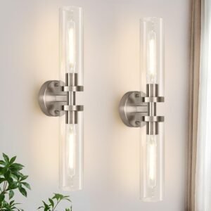 Wall Sconces Set of Two, Hardwired Brushed Nickel Bathroom Sconces Wall Lighting with Clear Glass, Modern Sconces Wall Decor Set of 2 Wall Light fixtures for Mirror Hallway (Bulbs Not Included)
