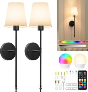 Brightown Battery Operated Wall Sconces Set of 2, Cordless Wall Lights with Rechargeable Bulbs and Remote, 12 Lighting Colors and Dimmable, Battery Powered Wall Lights for Bedroom Living Room, Black