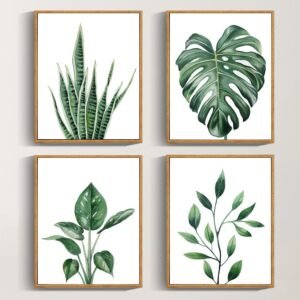 Drsoum Botanical Canvas Framed Wall Art Watercolor Green Leaf Tropical Plant Art Prints Boho Decor for Bedroom Bathroom Kitchen Home Office Decorations 8″x 10″x 4pcs
