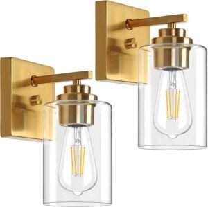 Wall Sconces, Gold Bathroom Light Fixtures, Modern Vanity Lights, Sconces Wall Lighting with Clear Glass, Sconces Wall Decor Set of 2, Wall Light Fixture for Mirror, Living Room, Bedroom, Hallway, E26