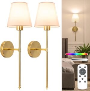 NIORSUN Battery Operated Wall Sconce Set of 2,Gold Rechargeable Wall Lights with 5200mAh Dimmable Bulbs and Remote,10 Colors Wireless Wall Lamps for Bedroom Living Room Hallway