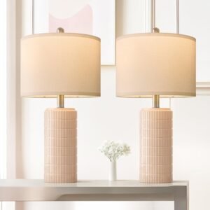 PoKat 23″ Pink Ceramic Table Lamps Set of 2, Modern Bedroom Lamps for Girls Room, Bedside Lamps for Night Stands, Cute Lamps for Living Room Decor, Nightstands Desk Lamps, Medium