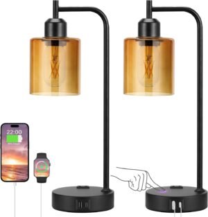 Industrial Touch Nightstand Lamps for Bedrooms Set of 2 – 3-Way Dimmable Table Lamps with USB C+A Ports and Outlet, Bedside Lamps with Amber Glass Shade for Living Room, Desk Lamps for Home Office
