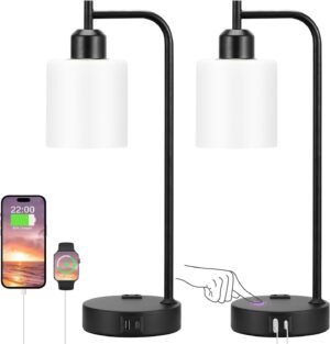 Industrial Touch Bedside Lamps for Bedrooms Set of 2 – 3-Way Dimmable Nightstand Lamps with USB C+A Ports and Outlet, Table Lamps with Opal Glass Shade for Living Room, Desk Lamps for Home Office