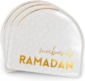 Amasi Decor ‘Ramadan Mubarak’ Arch Dinner Paper Plates (Set of 12) – 9.75″ x 11″ Ramadan Paper Plates Gold-Stamped Design, Ramadan Decor for Home, Iftar Tableware, and Festive Kitchen Decor