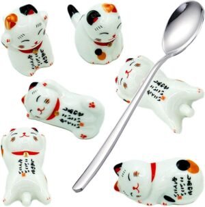 Pack of 6 Lovely Pandas Ceramic Chopsticks Spoon Forks Knives Tableware Rest Set, Panda Stand Festive Dinner Table Ornament (Lucky Cat Set)