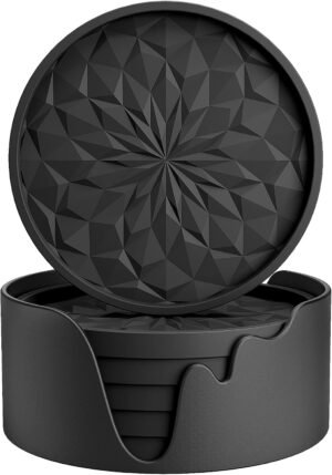 ME.FAN Silicone Coasters [6 Pack] Coasters with Holder – Drinking Coasters – Cup Mat for Drinks – Live for Hot or Cold Drink Thickened, Non-Slip, Non-Stick, Deep Tray Black