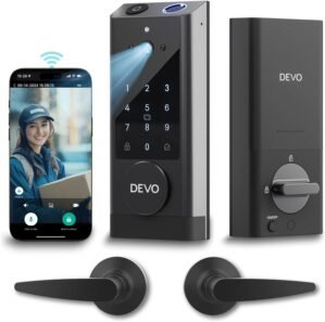 Devo G1 Video Smart Lock with Camera&Doorbell, 6-in-1 Keyless Entry Door Lock Deadbolt with Handle Set, App Remote, Fingerprint ID, Auto Lock, Built-in Wi-Fi Smart Deadbolt for Front Door