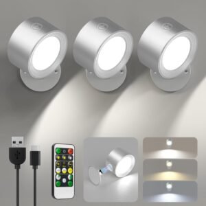 LED Reading Lights, Wall Lights Sconces 3 Pcs with Remote Rechargeable Battery Operated, 3 Color Temperatures & Dimmable Light Magnetic Ball 360°Rotation, Lamps for Study Bedside Closet