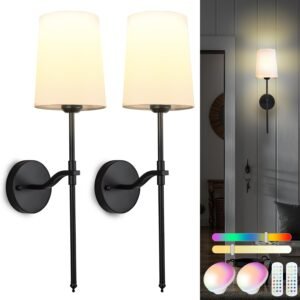 Wall Lights Battery Operated Wall Sconces Set of 2, Black Rechargeable Wall Sconce with 15 RGB Dimmable Detachable Bulbs and Remote, Wireless Battery Powered Wall Lamp for Living Room Bedroom