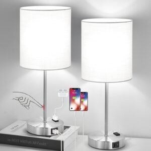 𝟮𝟬𝟮𝟯 𝗡𝗘𝗪 Set of 2 Touch White Table Lamps with 2 USB Ports & AC Outlet, 3-Way Dimmable Bedside Nightstand Lamps for Bedroom Living Room Nursery , 800 Lumens 5000K Daylight Bulbs Included