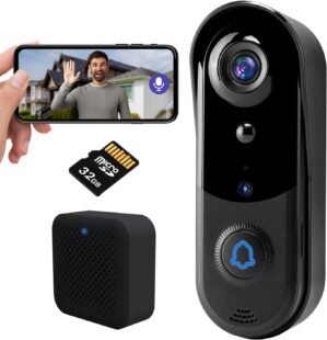 Wireless Video Doorbell Camera with Chime, Smart Home Surveillance Indoor/Outdoor, No Monthly Fee, AI Human Detection, Two Way Audio, Live View, Night Vision, 2.4G WiFi, with 32G SD Card Storage (J1)