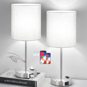 𝟮𝟬𝟮𝟯 𝗡𝗘𝗪 Set of 2 Touch Grey Table Lamps with 2 USB Ports & AC Outlet, 3-Way Dimmable Bedside Nightstand Lamps for Bedroom Living Room Nursery, 800 Lumens 5000K Daylight Bulbs Included