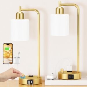 Innqoo Industrial Table Lamps for Bedroom Set of 2 – Fully Dimmable Bedside Lamps with USB Ports and Outlet, Gold Nightstand Lamps with Opal Glass Shade for Living Room, Desk Lamps for Office Reading