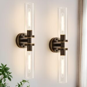 Wall Sconces Set of Two, Hardwired Brown Bathroom Sconces Wall Lighting with Clear Glass, Modern Sconces Wall Decor Set of 2 Wall Light fixtures for Bathroom Mirror Hallway (Bulbs Not Included)