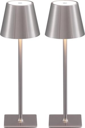 KDG 2 Pack Cordless Table Lamp,Portable LED Desk Lamp, 5000mAh Battery Operated, 3 Color Stepless Dimming Up, for Restaurant/Bedroom/Bars/Outdoor Party/Camping/Coffee Shop Night Light(Brushed Nickel)