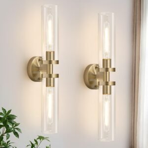 Wall Sconces Set of Two, Hardwired Brass Bathroom Sconces Wall Lighting with Clear Glass, Modern Sconces Wall Decor Set of 2 Wall Light fixtures for Bathroom Mirror Bedroom (Bulbs Not Included)