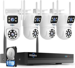 Hiseeu Wireless Security Camera System [WiFi-Pro&Power Supply] 4 Cam-Kit,Dual Lens,No Subscription,Security Cameras Outdoor with 360° Pan & Tilt, Auto Tracking,Color Night Vision,5G&2.4G WiFi,1TB