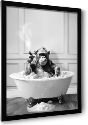 Framed Bathroom Decor Wall Art, Chimpanzee in Bathtub, Black and White Wall Art, Funny Bathroom Wall Decor Signs, Cute Animal Art Home Decor (Framed,8”x10”)