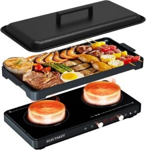 Induction Cooktop 2 Burner with Removable Cast Iron Griddle Pan Non-Stic,Portable Double Induction Cooktop with Timer&Digital Temperature Control,Black