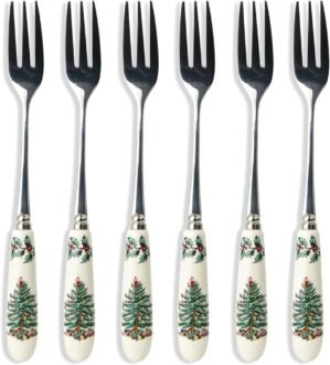 Portmeirion Christmas Tree Pastry Forks (Set of 6), Stainless Steel Forks with Porcelain Handles for Holiday Meals, 6-Inch Festive Christmas Flatware – Seasonal Tableware & Silverware Gift Set
