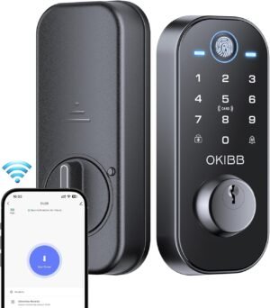Smart Lock with Built-in Wi-Fi App Remote Control, OKIBB Fingerprint Door Lock with Doorbell, Keyles Entry Door Lock with Emergency Power Supports Alexa IP54 Waterproof ANSI Grade 3