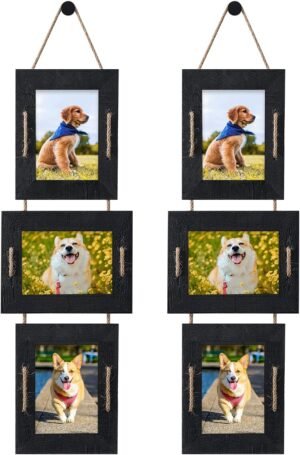 5×7 Hanging Picture Frames Rustic Solid Wood 3 Opening Picture Frame Collage Wall Mounted Set Display 4×6 Pictures with Mat or 5×7 Without Mat (Weathered Black, 2Pack)