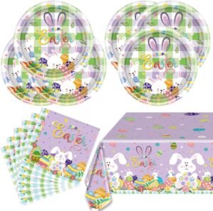Easter Party Tableware, Colorful Easter Paper Plates Napkins and Tablecloths, Bunny Colorful Eggs Disposable Tableware Set Kids Easter Party Decorations