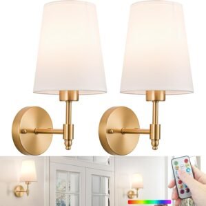 Battery Wall Sconces Set of Two,Battery Operated Sconces Up to 50 Hours Long Life,Rechargeable Cordless Wall Sconce USB Charging, RGB Fabric Wall Lights No Hardwired Need (Color : Brass)