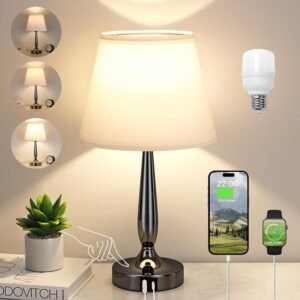 Kakanuo Touch Bedside Lamp for Bedroom with USB C Port, Small Touch Table Lamp with 2 USB Charging Ports, 3 Way Dimmable Nightstand Lamp for Living Room and Office – White (LED Bulb Included)