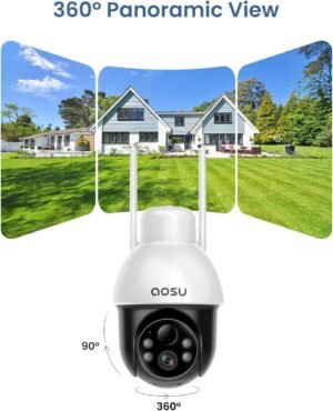 AOSU Solar Camera Security Outdoor – Security Cameras Wireless Outdoor with 360° Panoramic View, Human Auto Tracking, 2K Night Vision, Compatible with Alexa/Google Assistant (2 Pack)