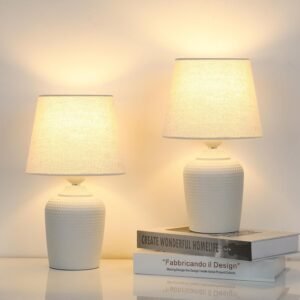 Small Table Lamps Set of 2, Bedside Nightstand Lamps for Bedroom Kid’s Room, Cute Desk Lamps with Studded Texture Base for Reading Nursery Living Room Office, White & Beige