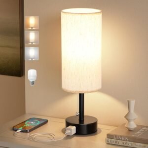 Bedside Table Lamp For Nightstand – 3 Color Temperatures Pull Chain Lamp with AC Outlet Charging Port, Round Night Stand Lamp for Bedroom Living Room Guest Room, Small Bed Side Light with E26 LED Bulb