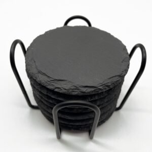 8 Pack 4 inch Round Slate Coasters with Metal Holder,Handmade Natural Rough Edge,with Integral Anti-Skid pad,Laser Engraving Blanks,Stone Coasters