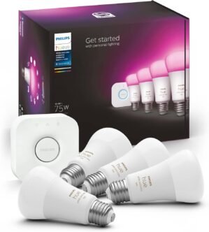 Philips Hue Smart Light Starter Kit – Includes (1) Bridge and (4) 75W A19 E26 LED Smart White and Color Ambiance Bulbs – Control with App – Compatible with Alexa, Google Assistant, and Apple HomeKit