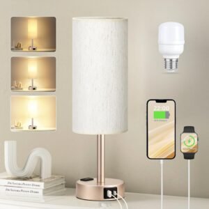 Bedside Table Lamp for Bedroom – 3 Way Dimmable Touch Lamp USB C Charging Ports and AC Outlet, Small Lamp Gold Base Round Flaxen Fabric Shade for Living Room, Desk, LED Bulb Included