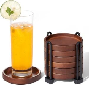 Set of 6 Wooden Coasters with Holder-Coffee Table Coasters for Drink, Wood Coaster Set for Modern Home Decor, Home Dining Table Decor Cute Beer Bar Coasters Decorative Rustic Outdoor Coasters