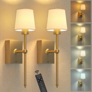 iThird Battery-Operated Wall Sconces Set of 2: 6000mAh Rechargeable Wall Lights with Remote Control, Wireless Battery Powered Wall Lamp Wall Scone for Living Room Bedroom Hallway Bathroom (Gold)