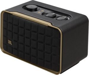 JBL Authentics 200 – Retro Style Smart Home Speaker with Built in Wi-Fi, Bluetooth and Voice Assistants, Alexa and Google Assistant, Multi-Room Playback, Automatic self tuning (Black/Gold)