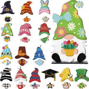 Blulu Interchangeable Wooden Gnome Decor DIY Holiday Spring Easter Summer Day Seasonal Tiered Tray Decoration with Magnet Gnomes Pieces Welcome Sign for Decorations(Cute)