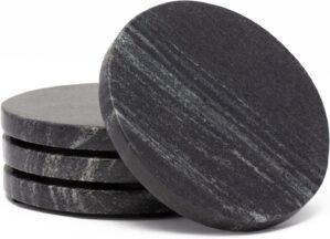 Thirstystone 4 Pack Natural Black Marble Round Coasters 4″ Diameter Elegant Heat Tolerant