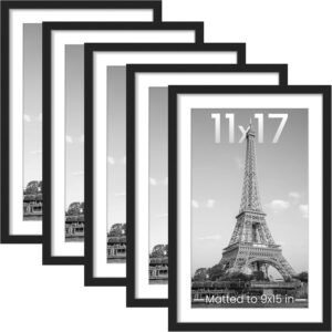 upsimples 11×17 Picture Frame Set of 5, Display Pictures 9×15 with Mat or 11 x 17 Without, Wall Gallery Poster Frames, Black