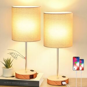 Lynnoland Touch Wood Table Lamps Set of 2, Bedroom Lamps with 2 USB & AC Outlet, 3-Way Dimmable Bedside Nightstand Lamps for Bedroom Living Room Nursery, 800 Lumens 2700K Bulbs Included