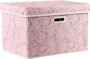 PRANDOM Larger Collapsible Storage Bin with Lid [1-Pack] Fabric Decorative Storage Box Cube Organizer Container Baskes with Handles Divider for Bedroom Closet Living Room Pink 17.7×11.8×11.8 Inch