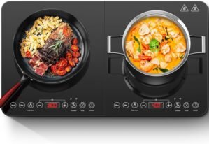 Aobosi Double Induction Cooktop,Portable Induction Cooker with 2 Burner Independent Control,Ultrathin Body,10 Temperature,1800W-Multiple Power Levels,4 Hour Timer,Safety Lock